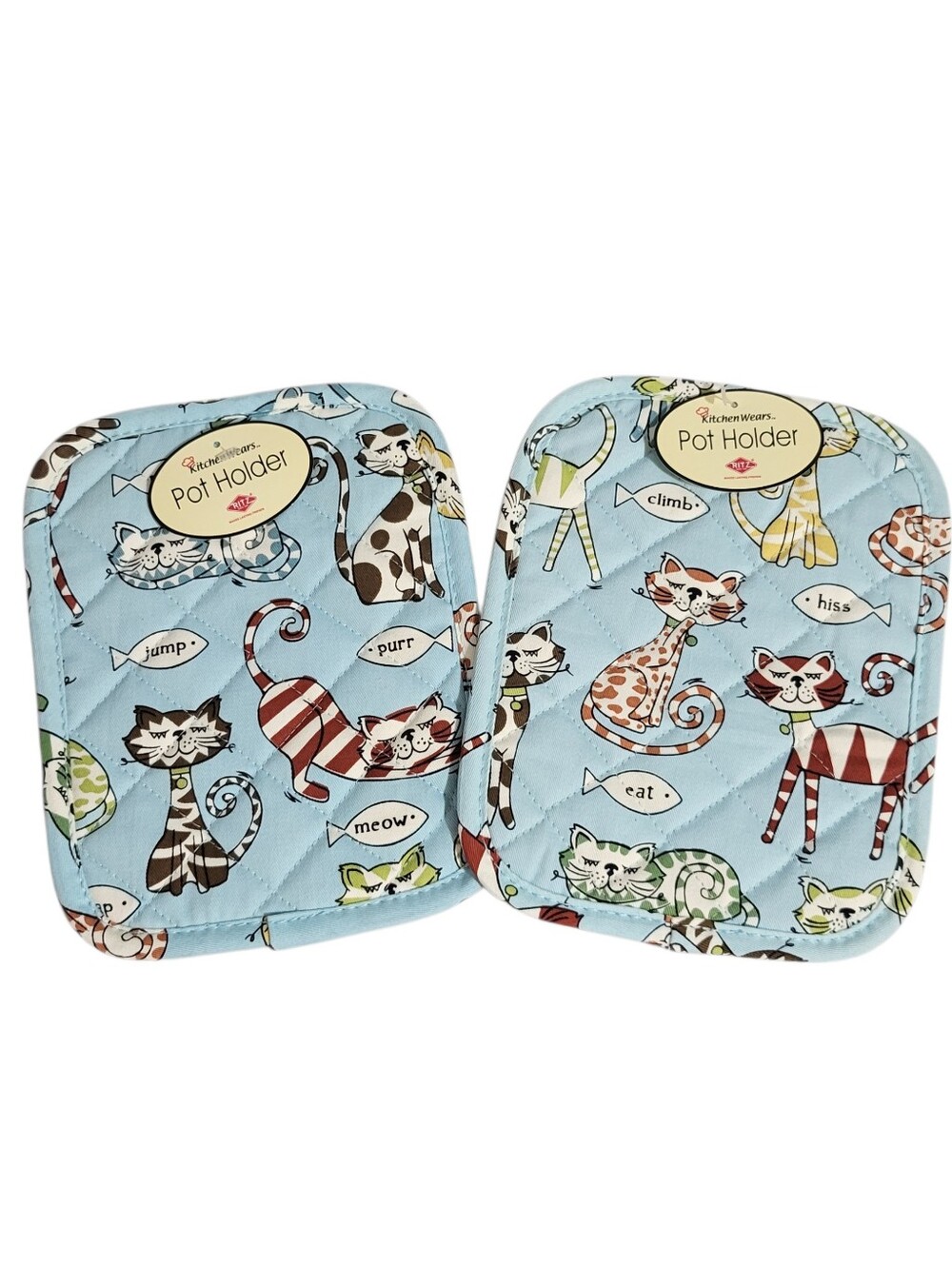 Ritz Kitchen Wears Retro Cats Set 2 Potholders Hot Pads Blue Quilted Kitsch MCM
